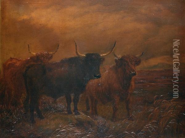 Highland Cattle In A Landscape Oil Painting - Charles Edwin M. Baldock