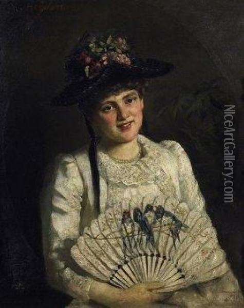 Portrait Of A Young Lady With Fan And Hat. Signed Above Left: Ch. Heyden Oil Painting - Christian Heyden