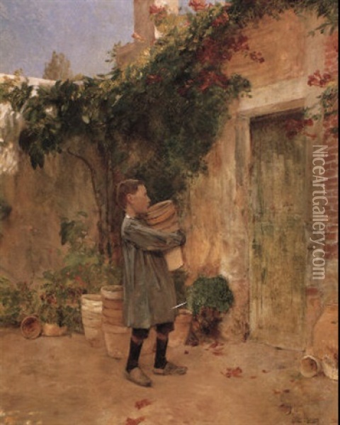 Boy With Flower Pot Oil Painting - Childe Hassam
