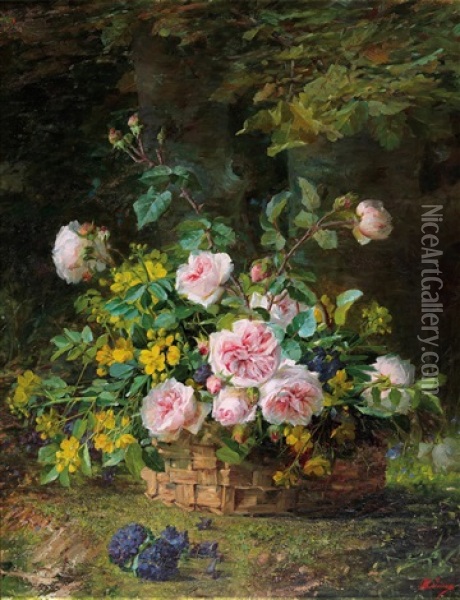 Bouquet Of Roses In A Wicker Basket Oil Painting - Marie (Mme. Beloux-Hodieux) Hodieux