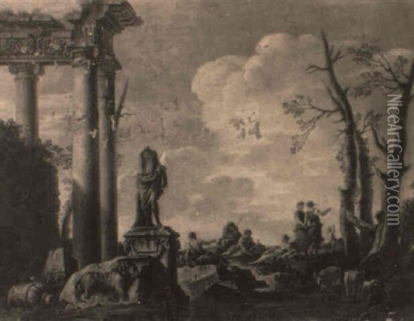 Le Repos Des Bergers Pres De Ruines Antiques Oil Painting - Giovanni Ghisolfi