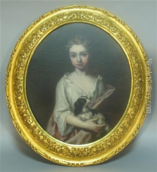 Portrait Of Girl With Spaniel Oil Painting - Caspar Netscher
