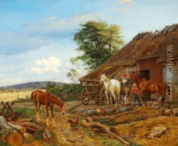 A Farmer Is Unharnessing A 
Horse, While The Foal Half Curious, Half Anxious Is Approaching The Cock Oil Painting - Johan Thomas Lundbye