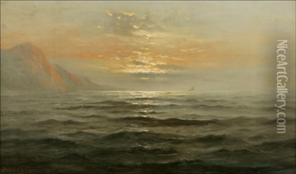 California Sunset Coastal With Sailing Vessel In The Distance Oil Painting - Nels Hagerup