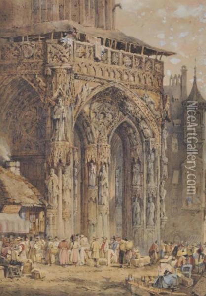 Street Market Outside A Cathedral Oil Painting - Samuel Prout
