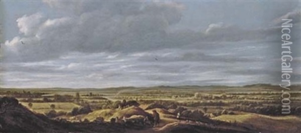 An Extensive Landscape With Huntsmen Resting On A Path, A Town Beyond Oil Painting - Guillam Dubois
