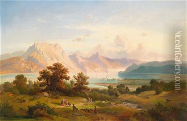 Partie Am Traunsee Mit Blick Auf Schloss Orth Oil Painting - Joseph Mayburger