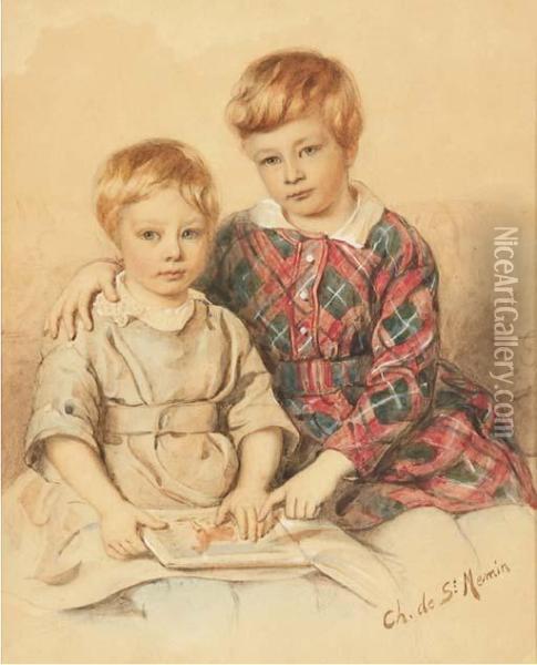 Portrait De Deux Jeunes Garcons Assis, Regardant Un Livred'images Oil Painting - Charles B. J. Fevret De Saint-Memin