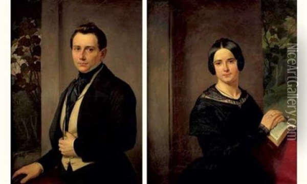 Portrait D'homme  (+ Portrait De Femme; Pair) Oil Painting - Auguste Chauvin