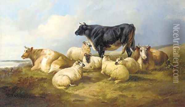 Sheep and cattle resting in a river landscape Oil Painting - J. Morris