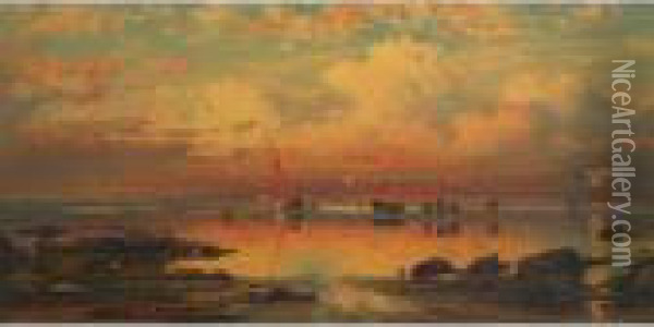 The Anchored Ship At Sunset Oil Painting - Charles Jones Way