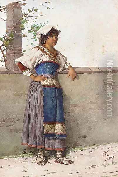 Study of a gypsy girl leaning against a wall Oil Painting - Filippo Indoni