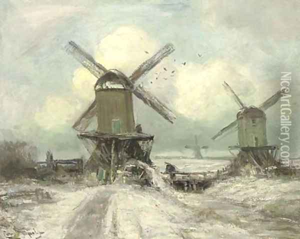 Windmills in a snow covered polder landscape Oil Painting - Louis Apol
