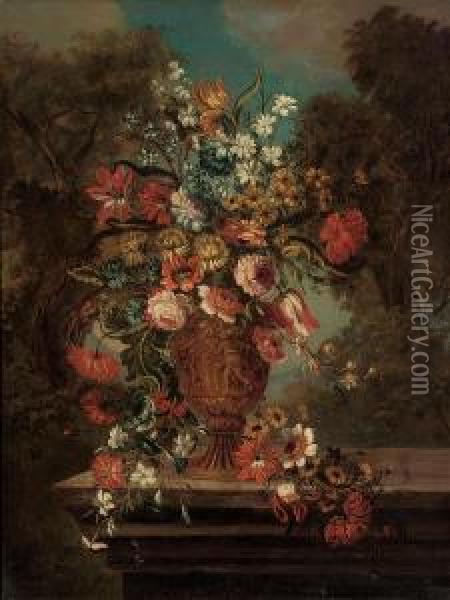 Tulips, Chrysanthemums, 
Convolvulus, Camelias, Clematis And Other Flowers In A Sculpted Urn, On A
 Stone Ledge, In A Landscape Oil Painting - Jan-baptist Bosschaert