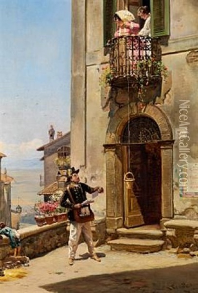 Two Italian Girls On A Balcony Lowering A Basket For The Postman Oil Painting - Vilhelm Rosenstand