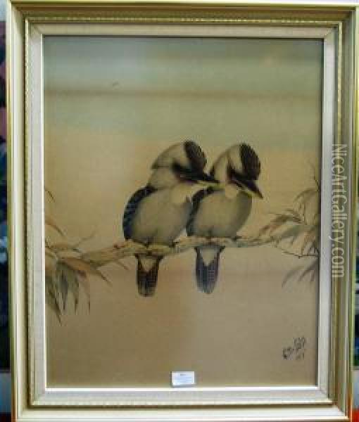 Two Kookaburra's On A Branch Oil Painting - Neville Henry P. Cayley