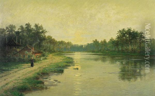 Water Landscape With Woman In Front Of The Farmhouse Oil Painting - Louis Pulinckx