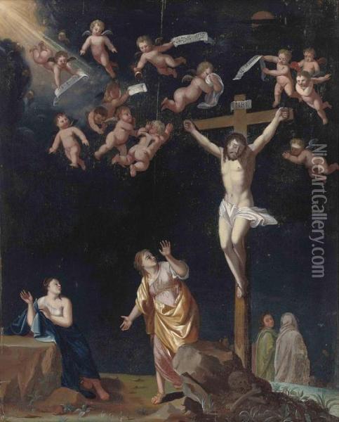 The Crucifixion With The Virgin, Saint Mary Magdalene, And Saintjohn The Evangelist Oil Painting - Cornelis Van Poelenburch