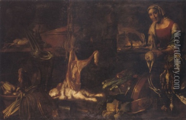 Interno Di Cucina Con Cacciagione, Ortaggi, Galli E Vivandiera Oil Painting - Giovanni Battista Recco