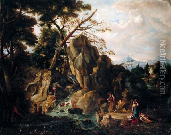 A Mountainous Landscape With Figures Fishing And Resting By A Stream Oil Painting - Francesco Zuccarelli