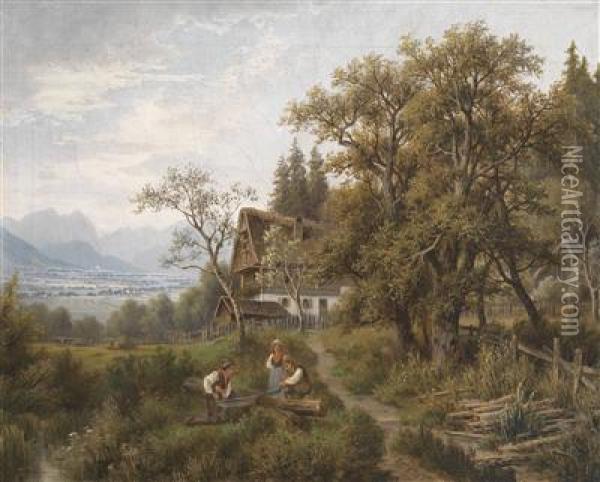 Scene From Styria, Upper Ennsthal Oil Painting - Josef, Jacob Burgaritzky