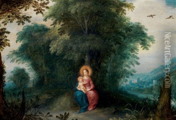 La Vierge Et L'enfant Jesus Sous Un Arbre Dans Un Paysage Oil Painting - Abraham Govaerts