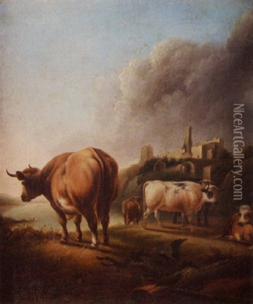 Highland Cattle Near A Castle Oil Painting - John Beaufain Irving