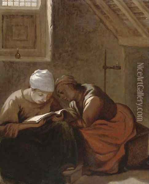 Two women reading in an interior Oil Painting - Harmen Fransz. Hals