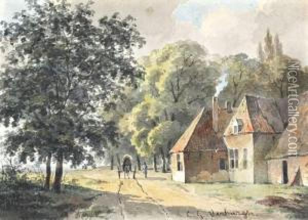 Paard En Wagen Op Landweg Bij Een Boerderij Oil Painting - Cornelis Gerrit Verburgh