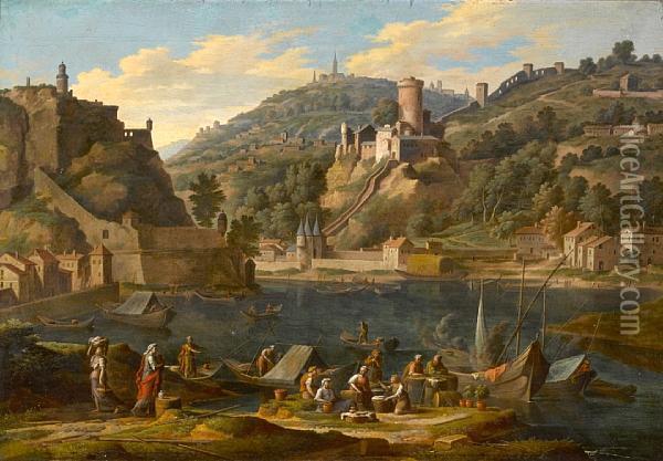 A Harbor With Figures On A Quay And A Hill Town Beyond Oil Painting - Adriaen Manglard