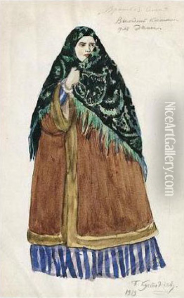 Costume Design For Dasha, The Merchant's Wife, Wearing Green And Black Headscarf Oil Painting - Boris Kustodiev