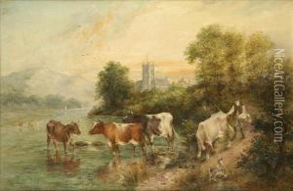 Evening,the Banks Of The Severn, With Cattle, Drover And Dog Oil Painting - Edwin Frederick Holt