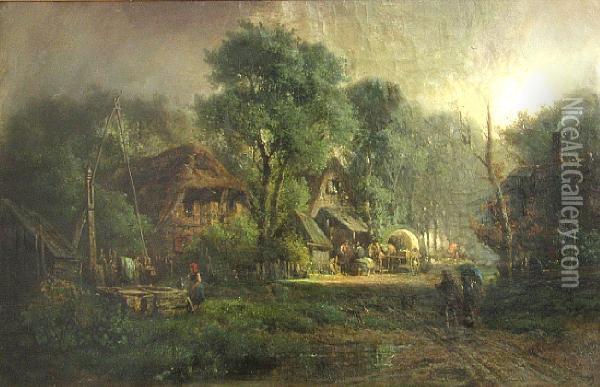 A Village Scene Oil Painting - Adolf Stademann