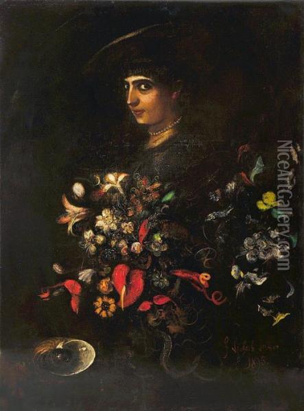Blumenstillleben Mit Portrait Einer Jungen Dame Oil Painting - Franz von Lenbach