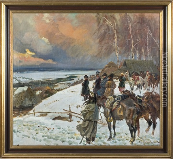 Napoleon Crossing Berezyna River Oil Painting - Woiciech (Aldabert) Ritter von Kossak