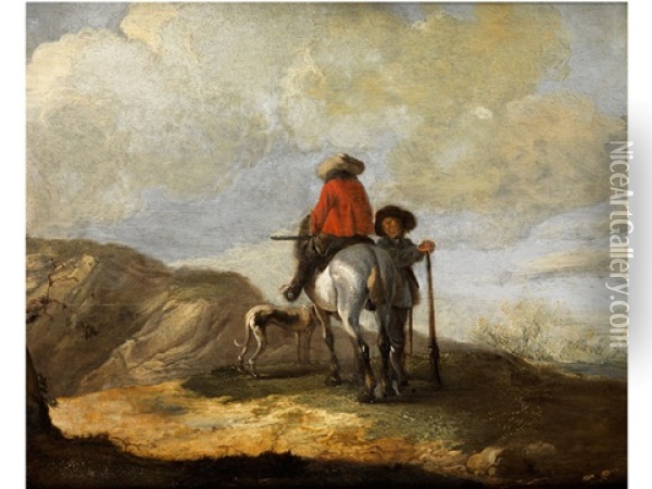 Zwei Jager In Den Bergen Begleitet Von Einem Hund Oil Painting - Simon Johannes van Douw