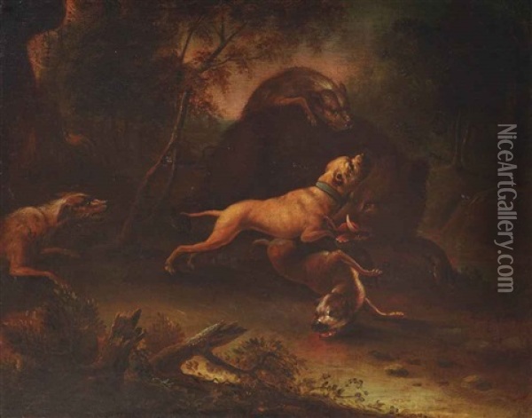 A Wild Boar Hunt Oil Painting - Joseph Roos