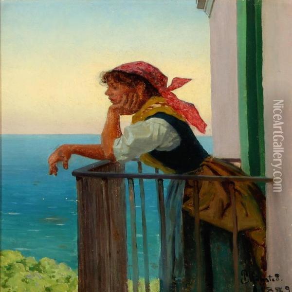 Young Italien Woman In A Balcony Oil Painting - Peder Mork Monsted