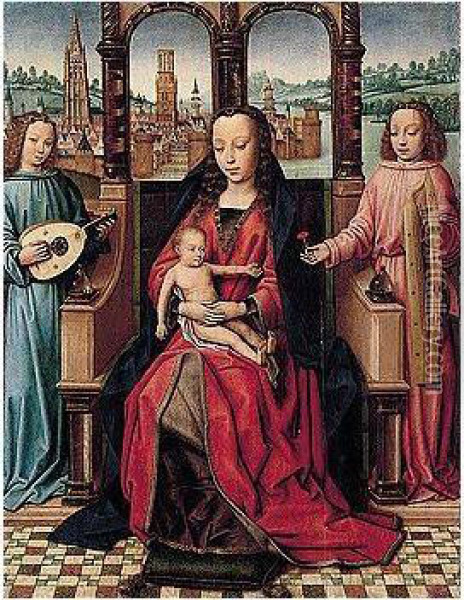 The Virgin And Child Enthroned With Music-making Angels Before A Prospect Of Bruges Oil Painting - Master Of The Legend Of Saint Lucy