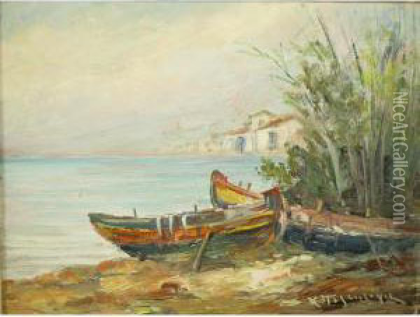Expressionist Island Shore View With Boats Oil Painting - Charalambos Paleologos