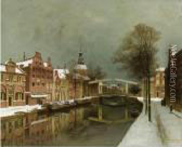 A Wintry Townview, Leiden Oil Painting - Johannes Christiaan Karel Klinkenberg