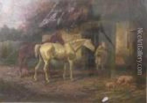 A Figure With Horse Outside A Cottage Door Oil Painting - George Morland