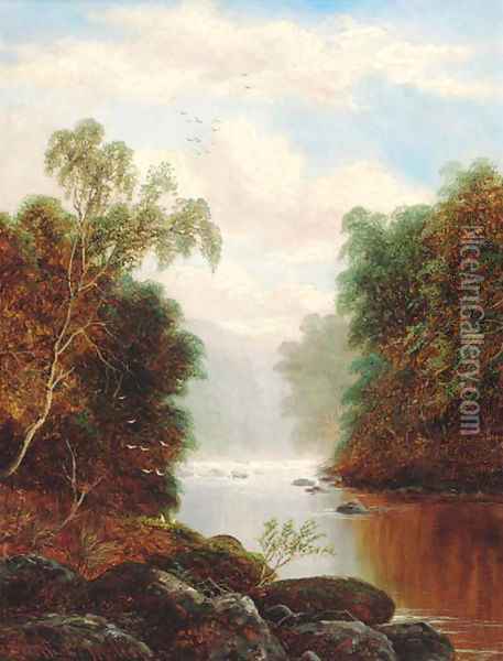 A tranquil wooded river landscape Oil Painting - William Mellor