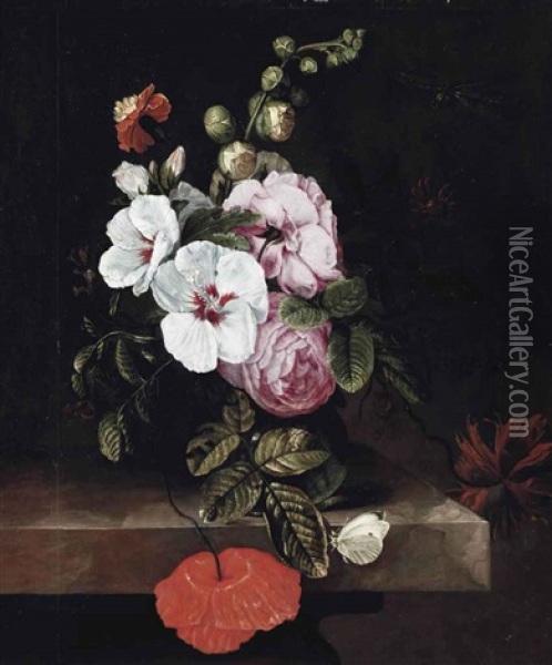 Roses, Poppies, Hollyhocks, A Marigold And Other Flowers In A Glass Jug, With A Dragonfly And A Cabbage White Butterfly On A Stone Ledge Oil Painting - Cornelis Kick