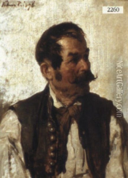 Portrait Of A Gypsy Man With A Moustache Oil Painting - Pal (Paul) Boehm