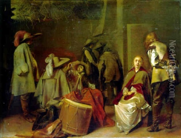 Soldiers Dividing Booty In A Barn With A Captive Elegant Couple Oil Painting - Willem Cornelisz Duyster