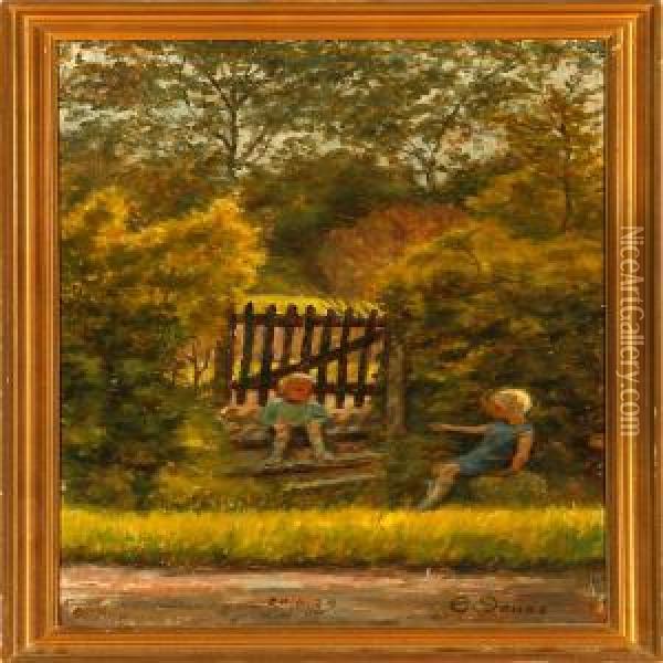 Twochildren At A Garden Gate Oil Painting - Caroline Van Deurs