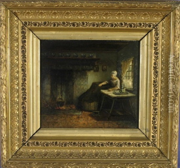 Sitzende Dame In Der Stube Mit Gekachelter Feuerstelle Oil Painting - Hendricus-Jacobus Burgers