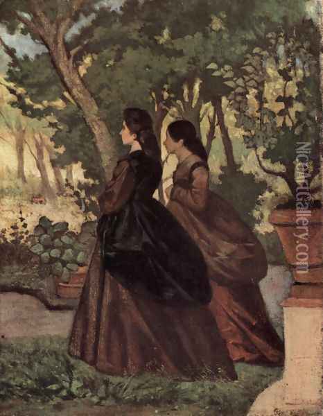 Two women in the garden of Castiglioncello Oil Painting - Giovanni Fattori