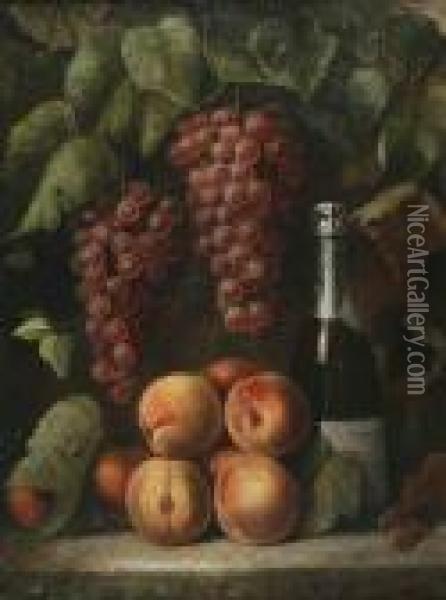 Still Life With Grapes, Peaches And A Bottleof Wine Oil Painting - Richard Goodwin